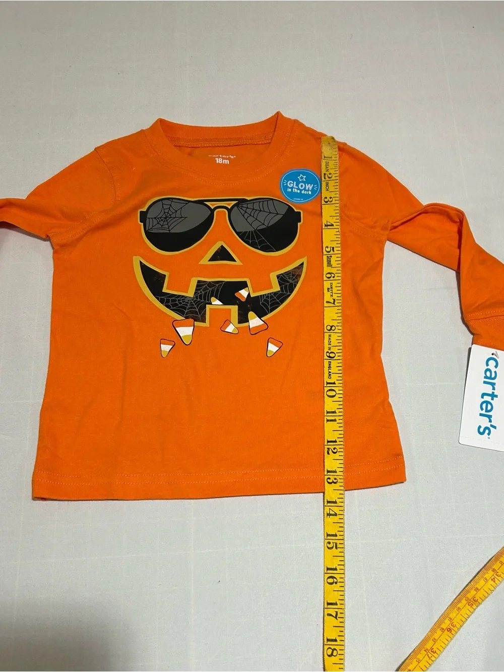Carter's Boys 18 Months Halloween Orange Pumpkin Face Glow in Dark Top NWT